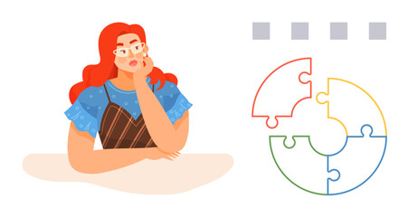 Thoughtful woman resting her chin in hand near incomplete circular puzzle. Ideal for brainstorming, ideas, problem-solving, decision-making, creativity, planning, teamwork. A simple flat metaphor
