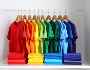 Obraz premium Vibrant rainbow of t-shirts neatly organized in a modern closet, showcasing colorful fashion choices