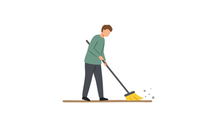 Vector Illustration of Man Sweeping Floor in Minimalist Style with Broom and Clean Surface