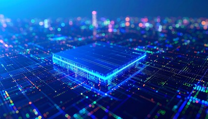 Futuristic cityscape with a central digital processor