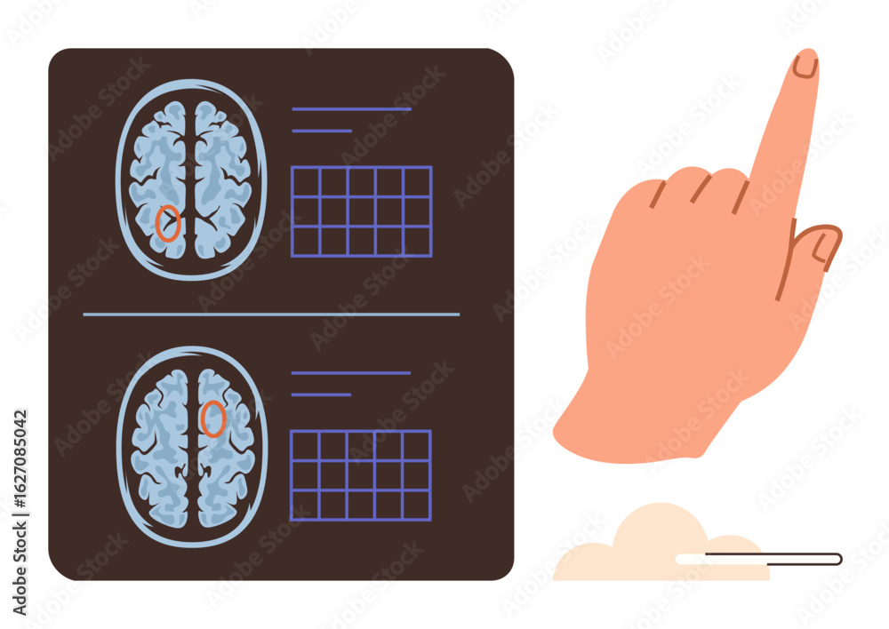 Aufkleber brain scans with highlighted areas and data charts next to a pointing hand. ideal for healthcare, ne