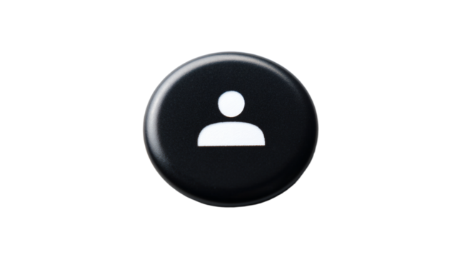 a black button with a white person in the center