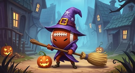 Naklejka premium A football character dressed as a witch with a hat and broom, standing in a spooky halloween village