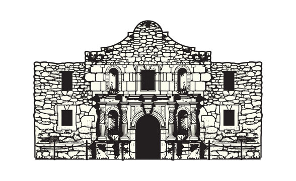 The Alamo Black and White Vector Illustration — Historic Texas Landmark

