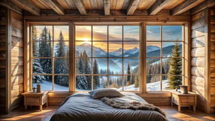 Cozy rustic cabin bedroom with wooden accents and a large window offering a breathtaking winter landscape view through the frosty glass, rustic cabin, cozy