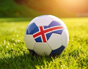 Fototapeta premium Soccer ball with Icelandic flag design on grassy field