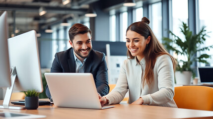 Two young busy diverse colleagues business people using laptop in modern office. Happy team employees working together on computer discussing online technology data solutions at work.