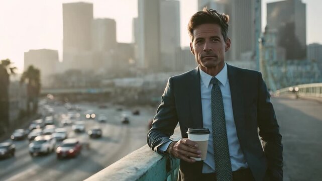 Cityscape contemplation: A sharp businessman, gazing out at a bustling city skyline, takes a moment to sip his coffee. Capturing his focus on urban life, embodying the hustle and ambition.