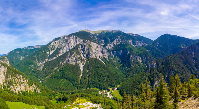 Rax Alps rugged limestone peaks and dense forests panoramic hiking trails, alpine huts, and scenic ridges in crisp daylight for authentic Austrian mountain. Rax Alps close to Vienna mountains