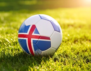 Fototapeta premium Soccer ball with Icelandic flag on grassy field