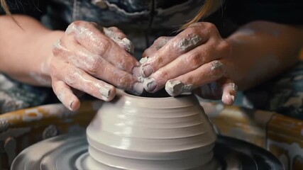 An artist carefully shapes clay on a potter's wheel, showcasing their technique and dedication to the craft in a serene environment. The focus is on the intricate process of pottery making - Powered by Adobe