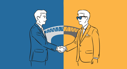 Graphic line art of two businessmen in contrasting blue and orange suits shaking hands symbolizing a partnership agreement with a bridge connecting them.