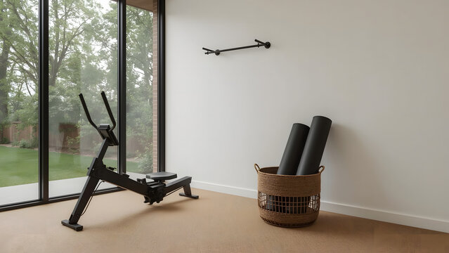 A modern home gym with an elliptical machine, yoga mats in a basket, and a pull-up bar on a white wall.