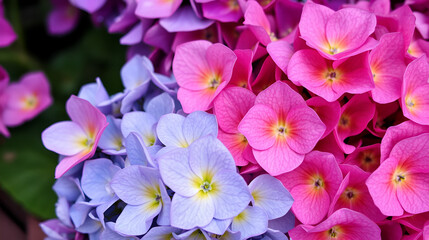 A stunning close-up of hydrangea flowers in a mix of vibrant colors, including shades of pink, purple, and blue.