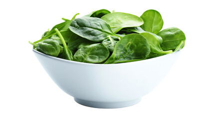 a bowl of spinach leaves on a white background