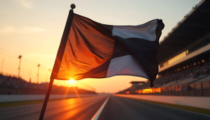 Black and white racing flag unfurled on racetrack at sunset, Waving Racing finish flag with checkered pattern texture in slow motion, created with generative ai