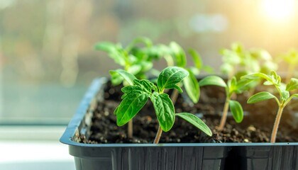 Young tomato seedlings in a plastic tray