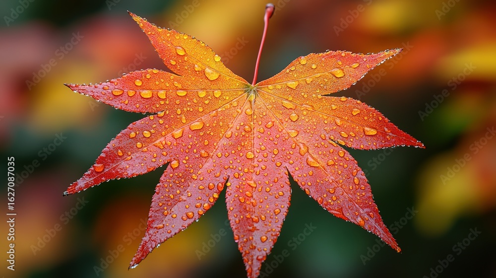 Poster macro view of a vibrant red maple leaf adorned with dew drops in autumn light