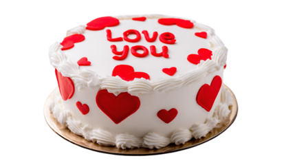 a cake with red hearts on it with the words love you written on it