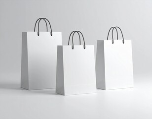Blank white paper shopping bags with black handles on a white background