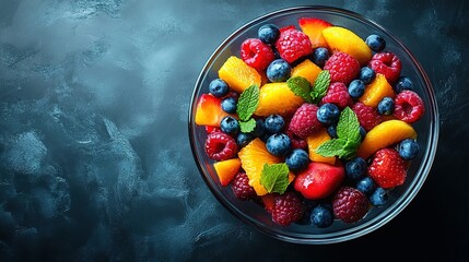 Vibrant Mixed Fruit Salad with Berries, Oranges, and Mint in Clear Bowl on Dark Textured Surface