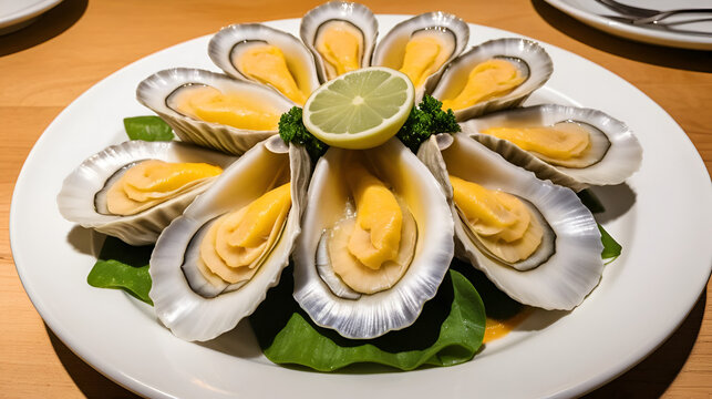 Geoduck, giant clam, served raw and sliced, Pacific Northwest seafood restaurant