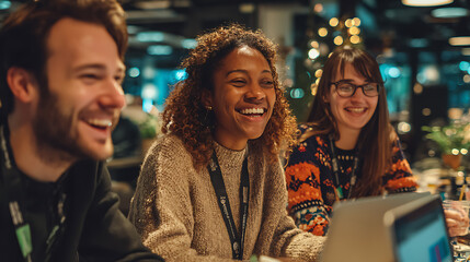Diverse Group of Smiling Colleagues Enjoying a Festive Office Gathering