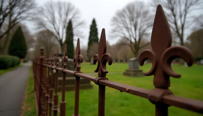 Obraz premium Rusty wrought iron fence with ornate finials surrounding an old cemetery on a cloudy day, Ornate metalwork, created with generative ai