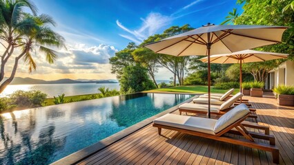 Relaxing pool villa leisure area with lounge chairs and umbrella shade during a sunny day by the water's edge , Leisure