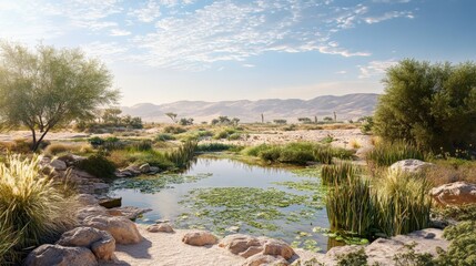 A tranquil oasis with a calm pool surrounded by desert vegetation.