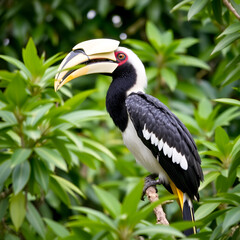 Obraz premium Black-and-white-casqued Hornbill Perched on Branch Surrounded by Green Foliage