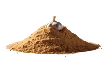 Pile of Garlic Powder and Garlic: A close-up shot reveals a mound of finely ground garlic powder, a whole garlic bulb resting atop, presenting a sensory experience in culinary excellence.