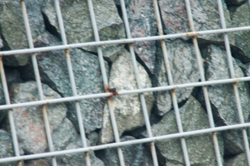 Stone fence with iron bars near the sidewalk. Design in the park. background of stone fence. Stone...