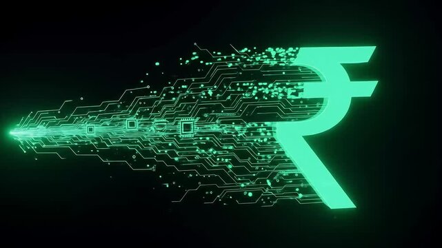 Glowing green digital Indian Rupee symbol forms from a futuristic technology data stream.