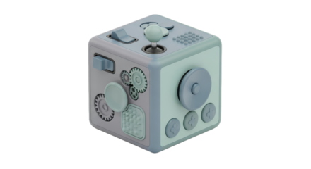 Detailed Fidget Cube in Muted Gray and Teal with Transparent Background for Sensory Engagement and Stress Relief