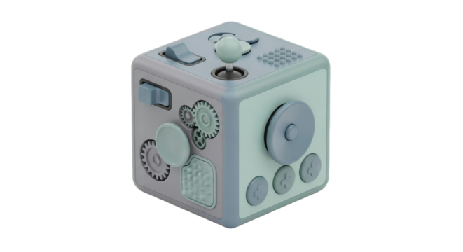 Detailed Fidget Cube in Muted Gray and Teal with Transparent Background for Sensory Engagement and Stress Relief