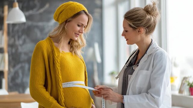 Pregnant woman's check-up with a doctor. A doctor measures the circumference of a pregnant woman's abdomen during a prenatal examination.