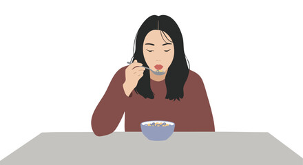 Vector Illustration of a Woman Eating Cereal in a Minimalist Style Flat Vector Art