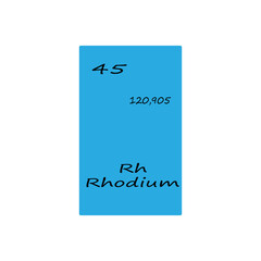 Rhodium element block. Atomic number forty five. Chemical symbol Vector. Vibrant blue background.