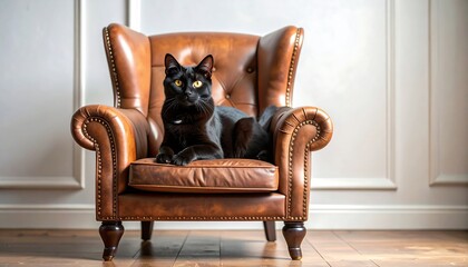 Black cat in brown leather armchair