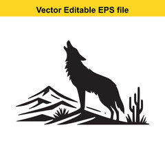 Vector art of wolf howling at the moon in a desert landscape long horn, , long horn