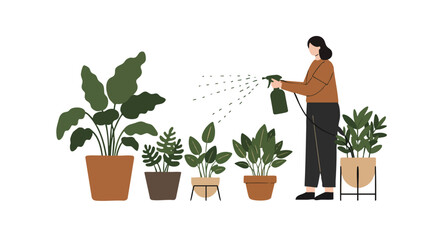 Vector Illustration of Woman Watering Potted Plants Modern Flat Design Home Decor Greenery Indoor Plants Vector Art