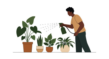 Illustration Vector of Person Spraying Plants in Pots Modern Style