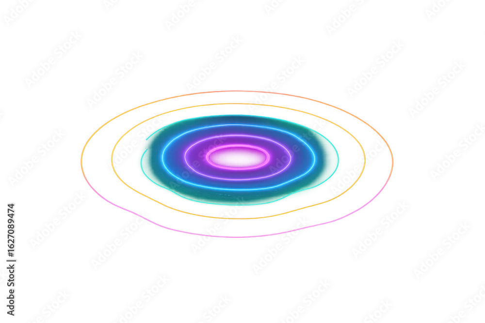 Poster vivid neon circles radiating outward, creating geometric symmetry on transparent backdrop with dynam