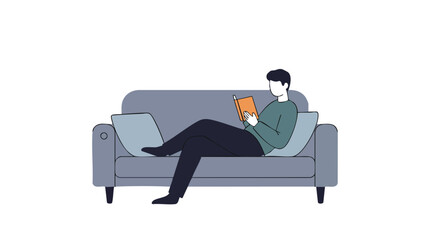 Vector Illustration of a Man Reading Book on Sofa Modern Lifestyle Design