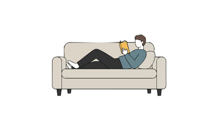 Illustration Art Vector of a Man Relaxing Reading a Book on Sofa Modern Minimalist Style Vector Illustration
