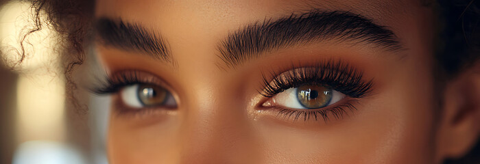 Portrait of woman with full lashes and glowing eyes. Close-up on facial beauty and perfect lashes. Celebrating eyelash styling on National Lash Day