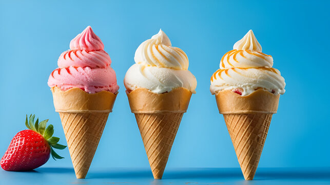 helado cono de fresa y nata sobre fondo azul. ice cream cone with strawberry and cream on blue background.