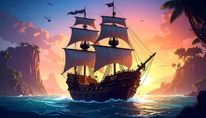 Obraz premium Pirate ship at sunset