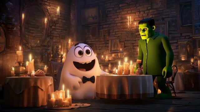 Cartoon Ghost and Frankenstein Sharing Halloween Dinner